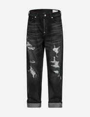 Evisu Logo Print Loose-Fit Distressed Denim Jeans