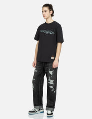 Evisu Logo Print Loose-Fit Distressed Denim Jeans