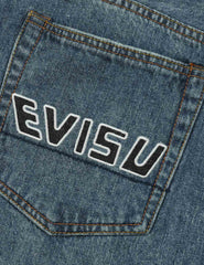 Evisu Washed And Distressed Seagull Patchwork And Logo Embroidery Cropped Jeans #2027