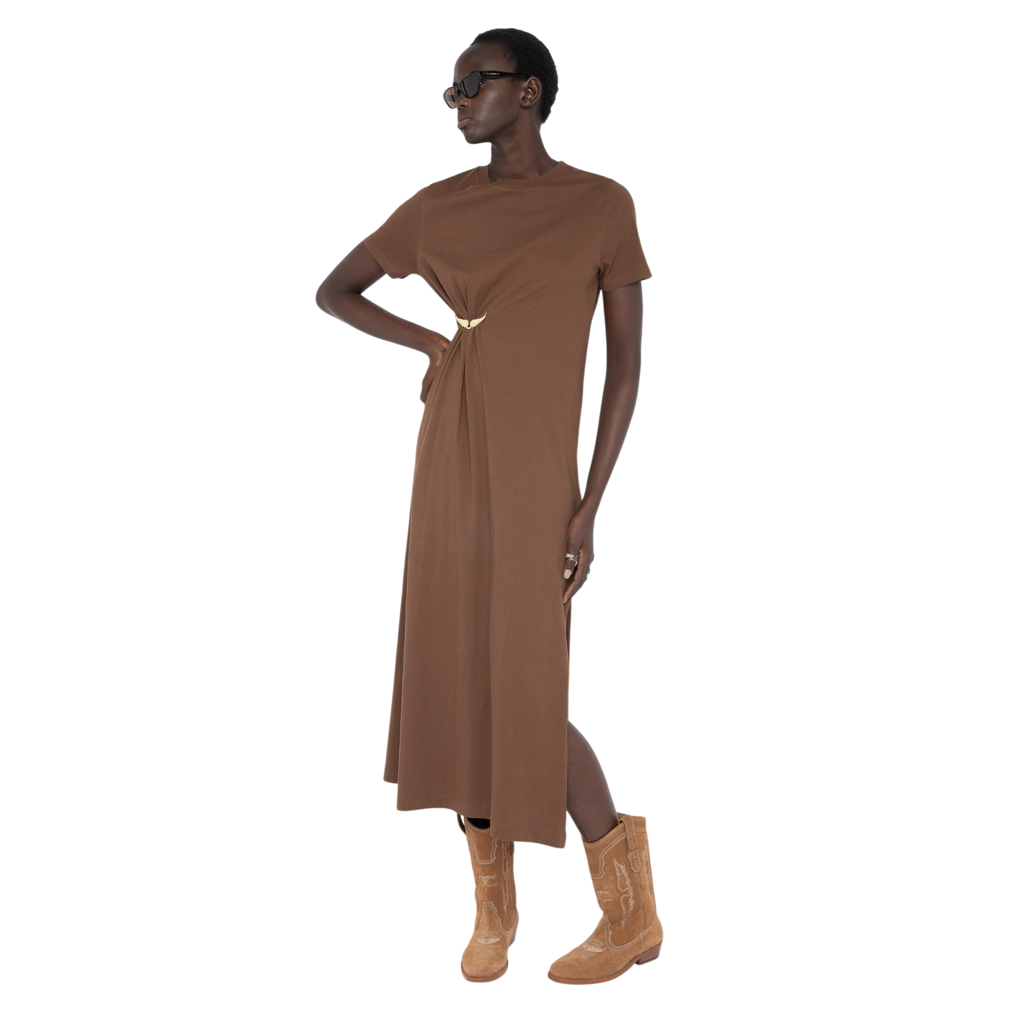 Raja Pleated Wings Long Cotton Dress - Coconut Brown