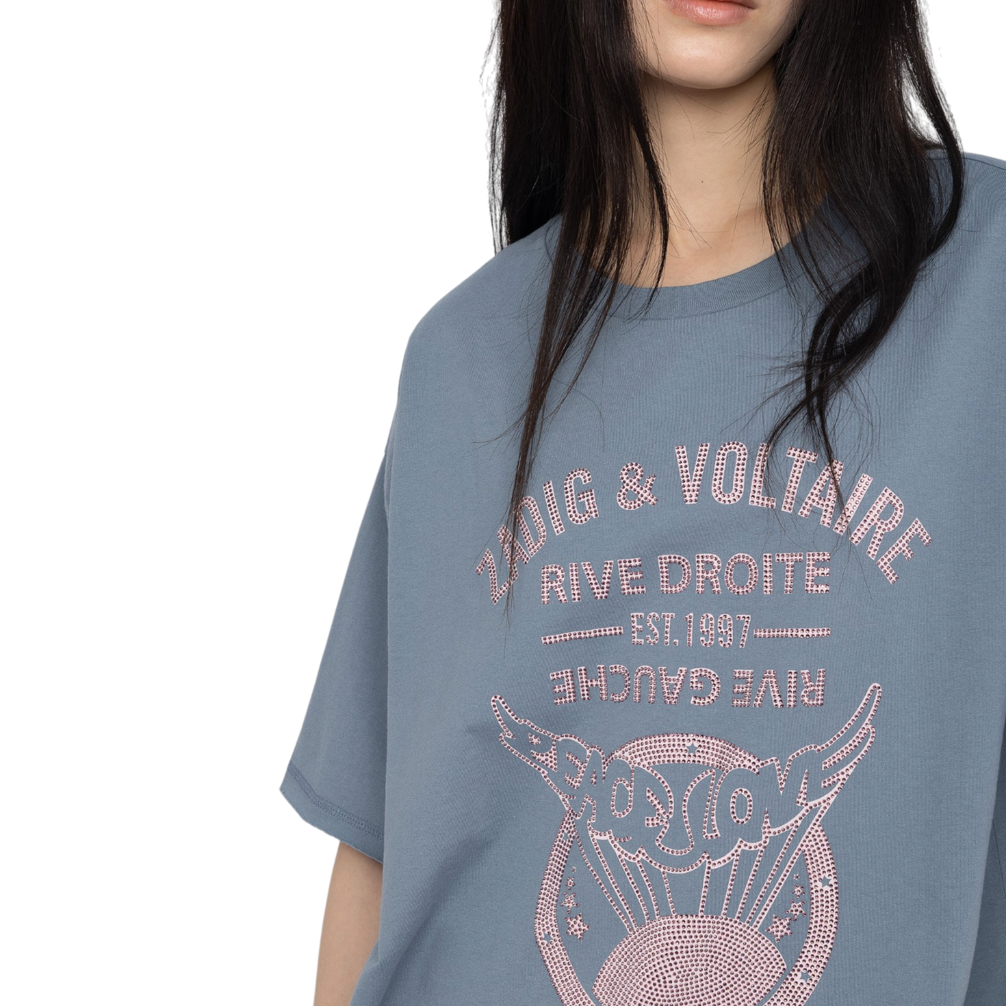 Berry Peace Crest Rhinestone Cotton T-Shirt - Sixtine Blue