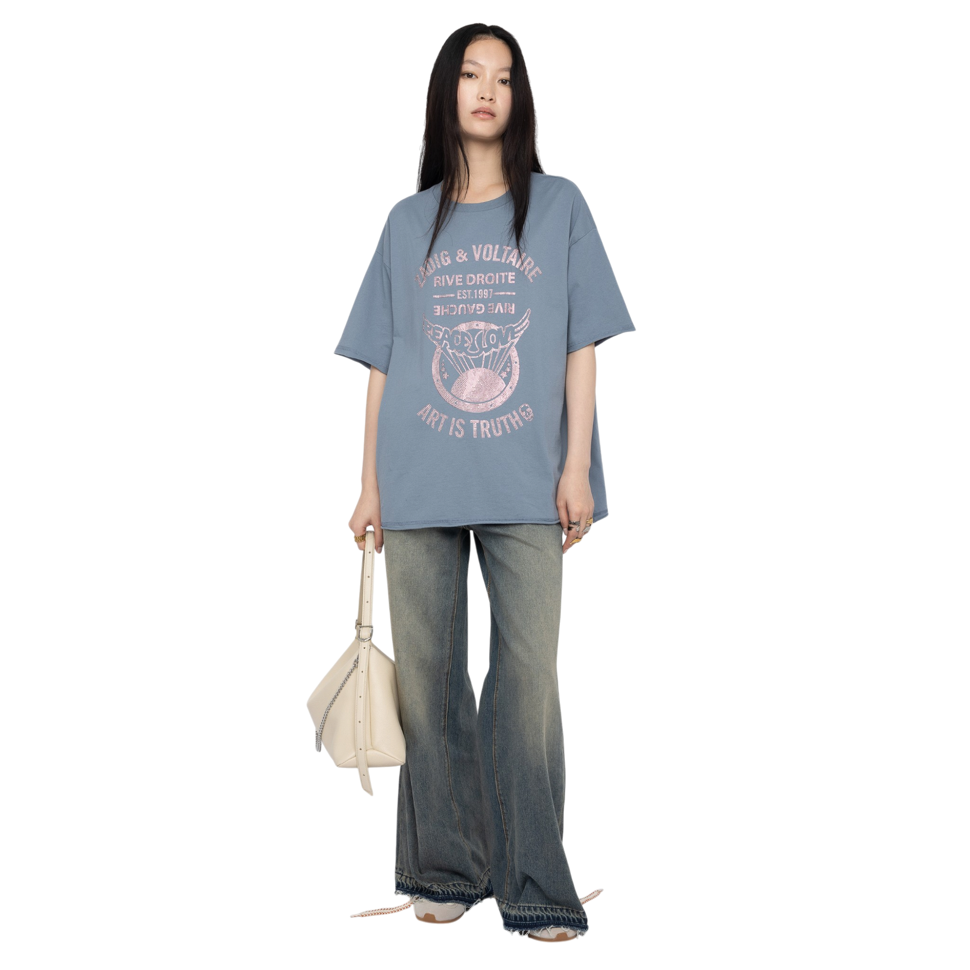 Berry Peace Crest Rhinestone Cotton T-Shirt - Sixtine Blue