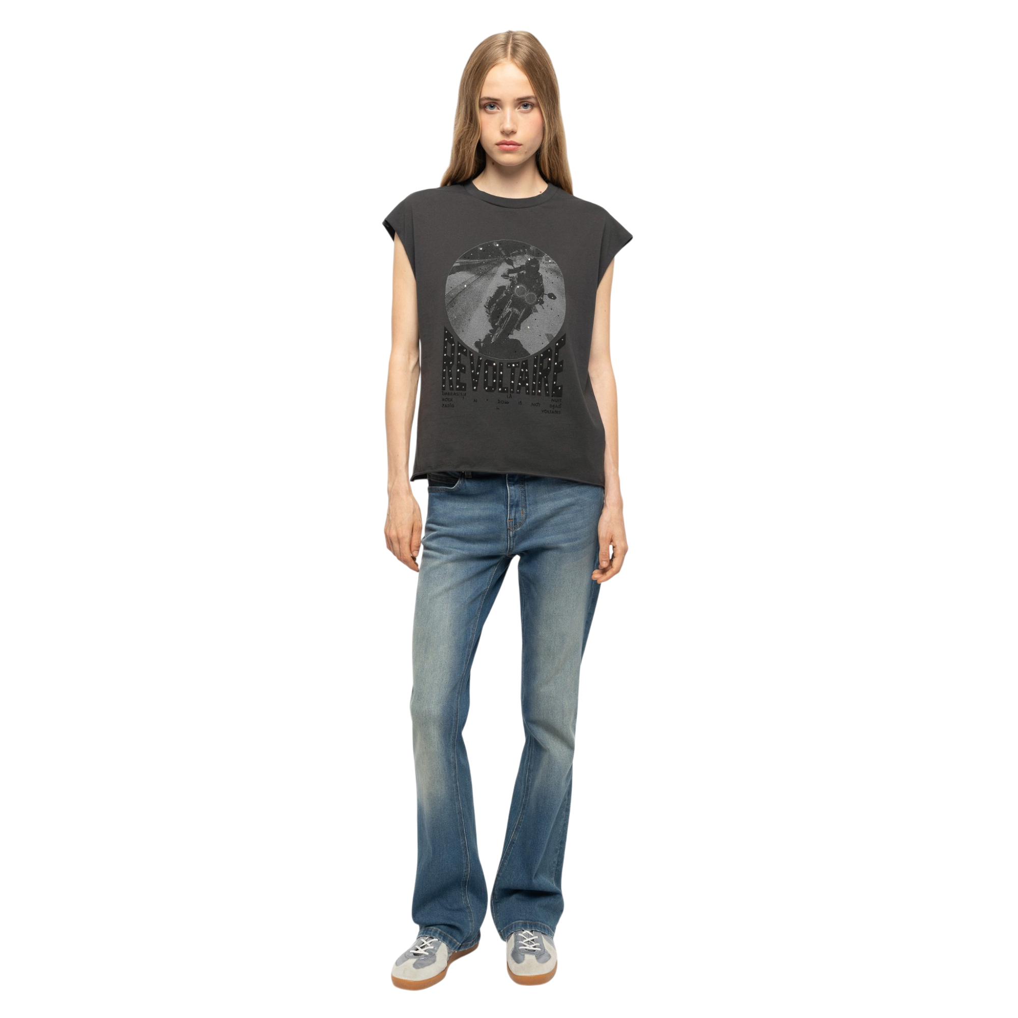 Cloe Motorcycle-Print Rhinestone Cotton Tank Top - Carbone Grey