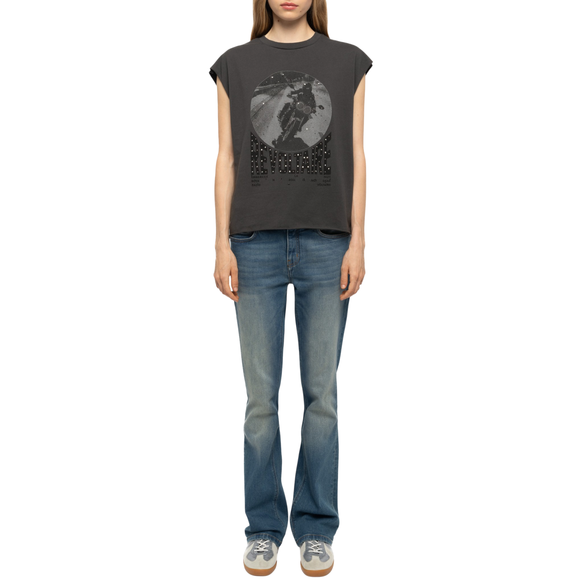 Cloe Motorcycle-Print Rhinestone Cotton Tank Top - Carbone Grey