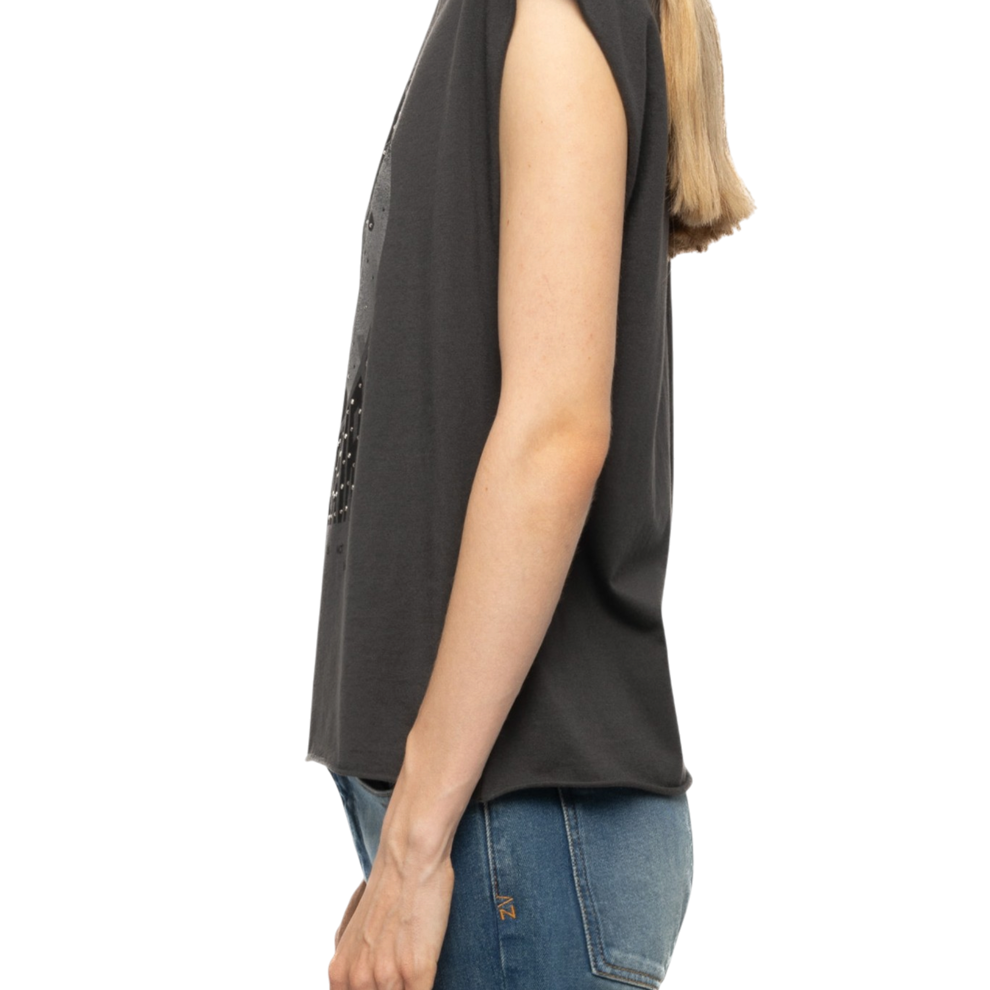 Cloe Motorcycle-Print Rhinestone Cotton Tank Top - Carbone Grey
