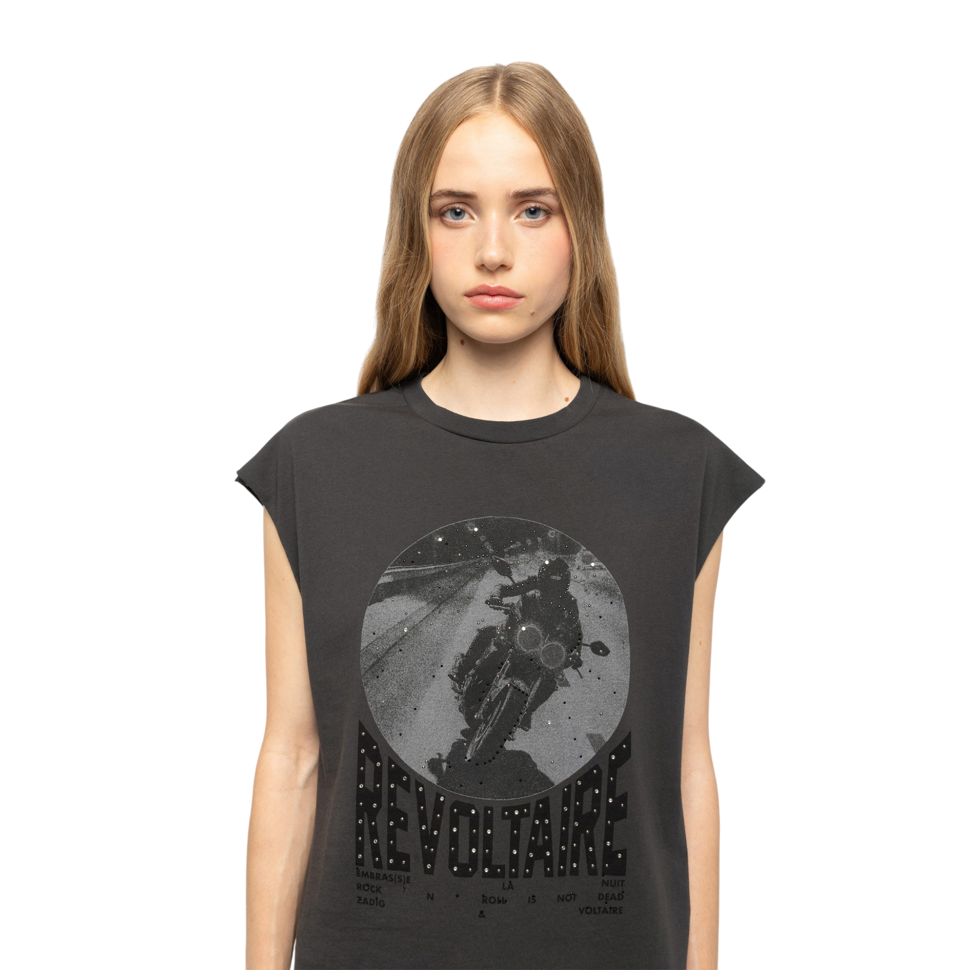 Cloe Motorcycle-Print Rhinestone Cotton Tank Top - Carbone Grey