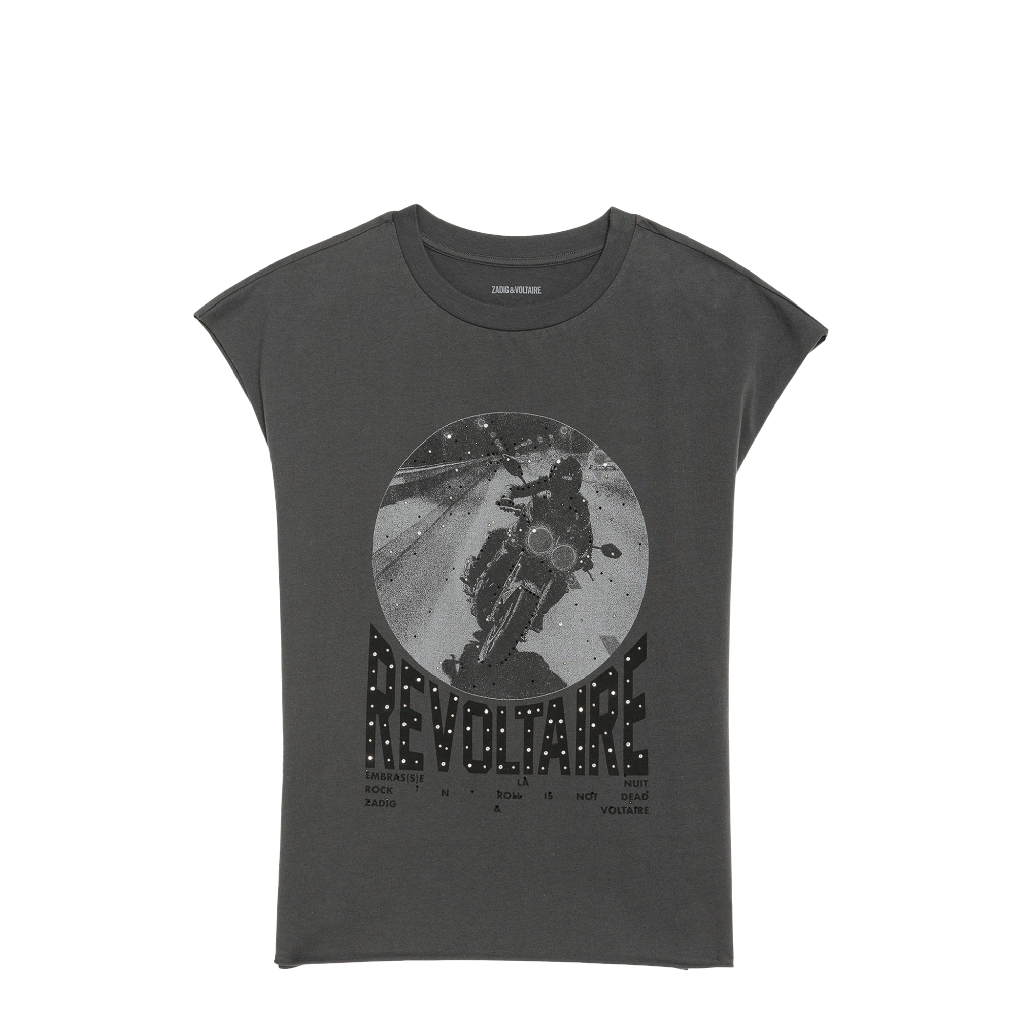 Cloe Motorcycle-Print Rhinestone Cotton Tank Top - Carbone Grey