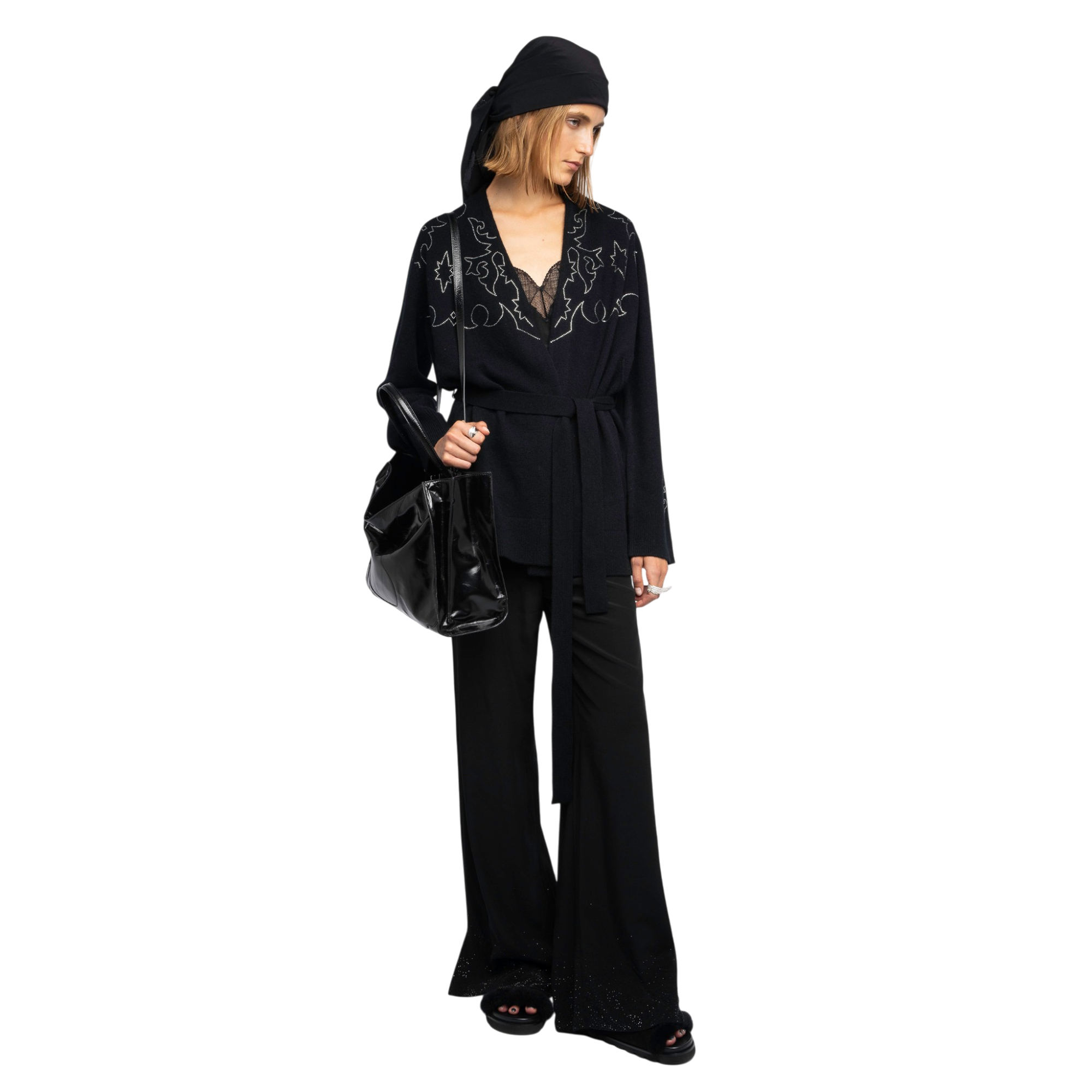 Salomy Western Rhinestone Cashmere Cardigan - Black