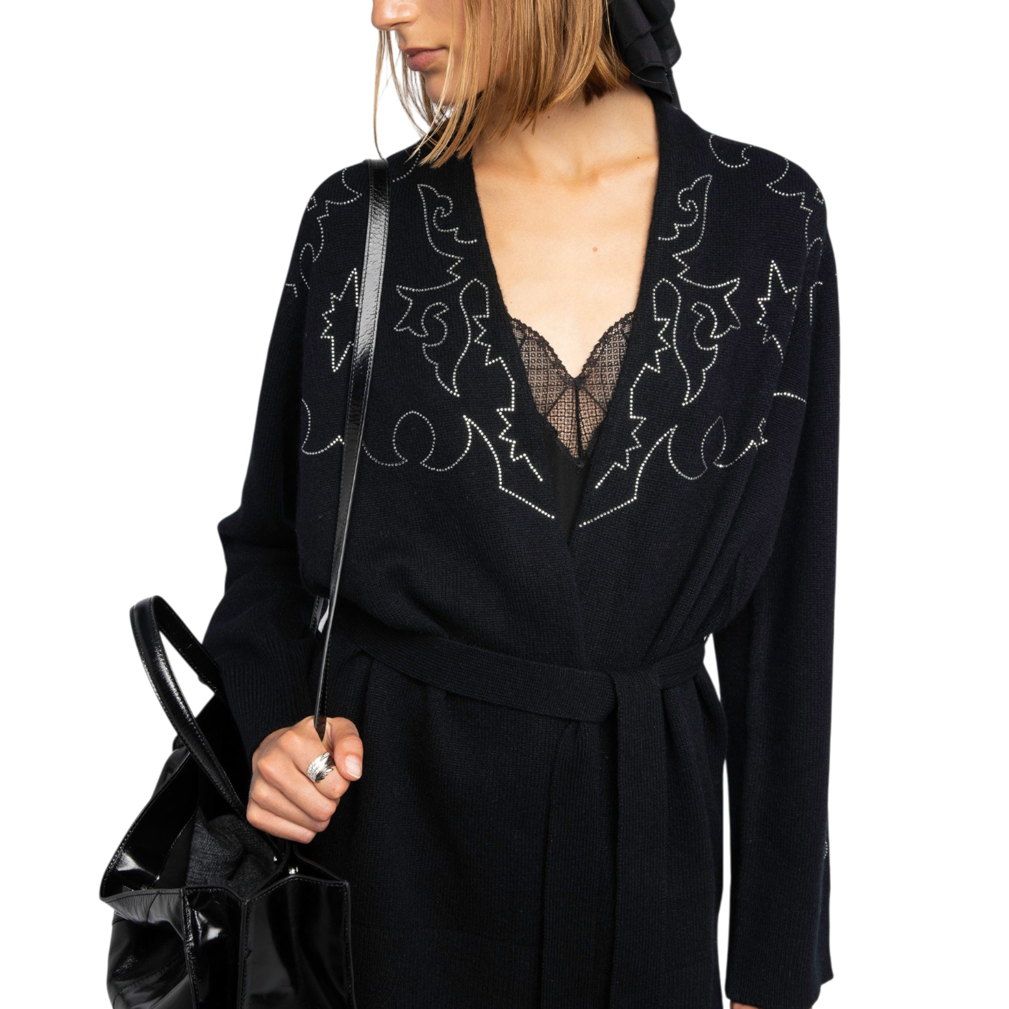 Salomy Western Rhinestone Cashmere Cardigan - Black