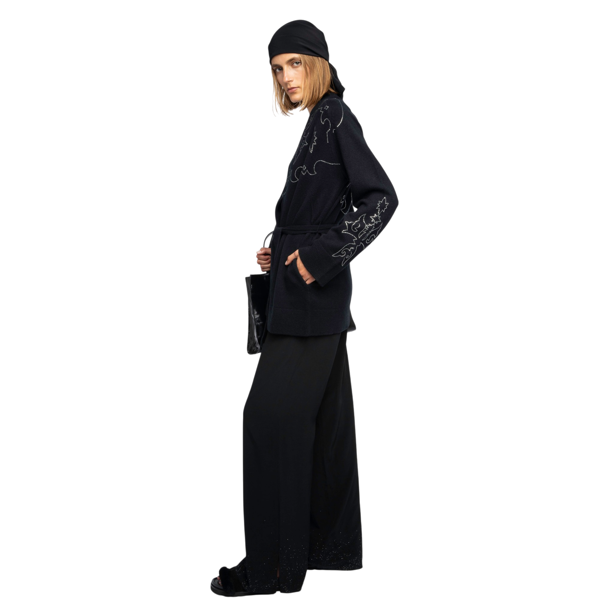 Salomy Western Rhinestone Cashmere Cardigan - Black