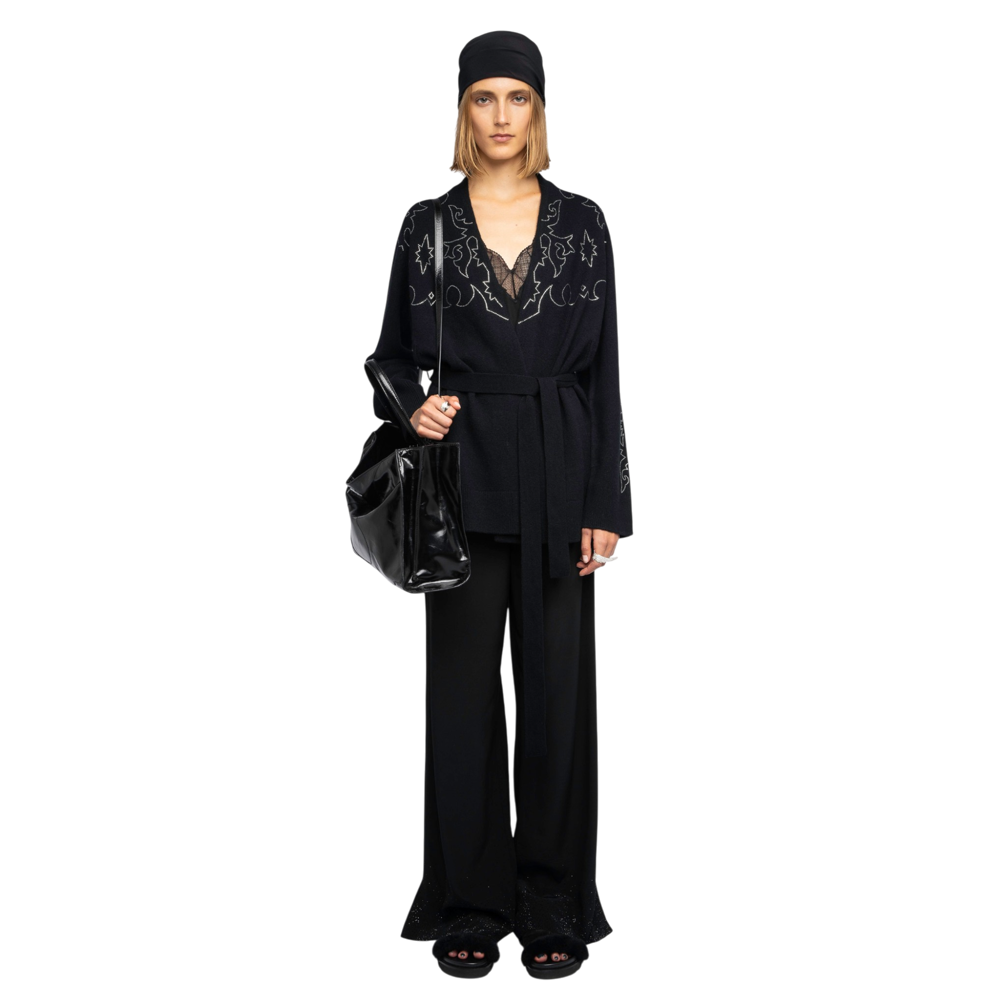 Salomy Western Rhinestone Cashmere Cardigan - Black