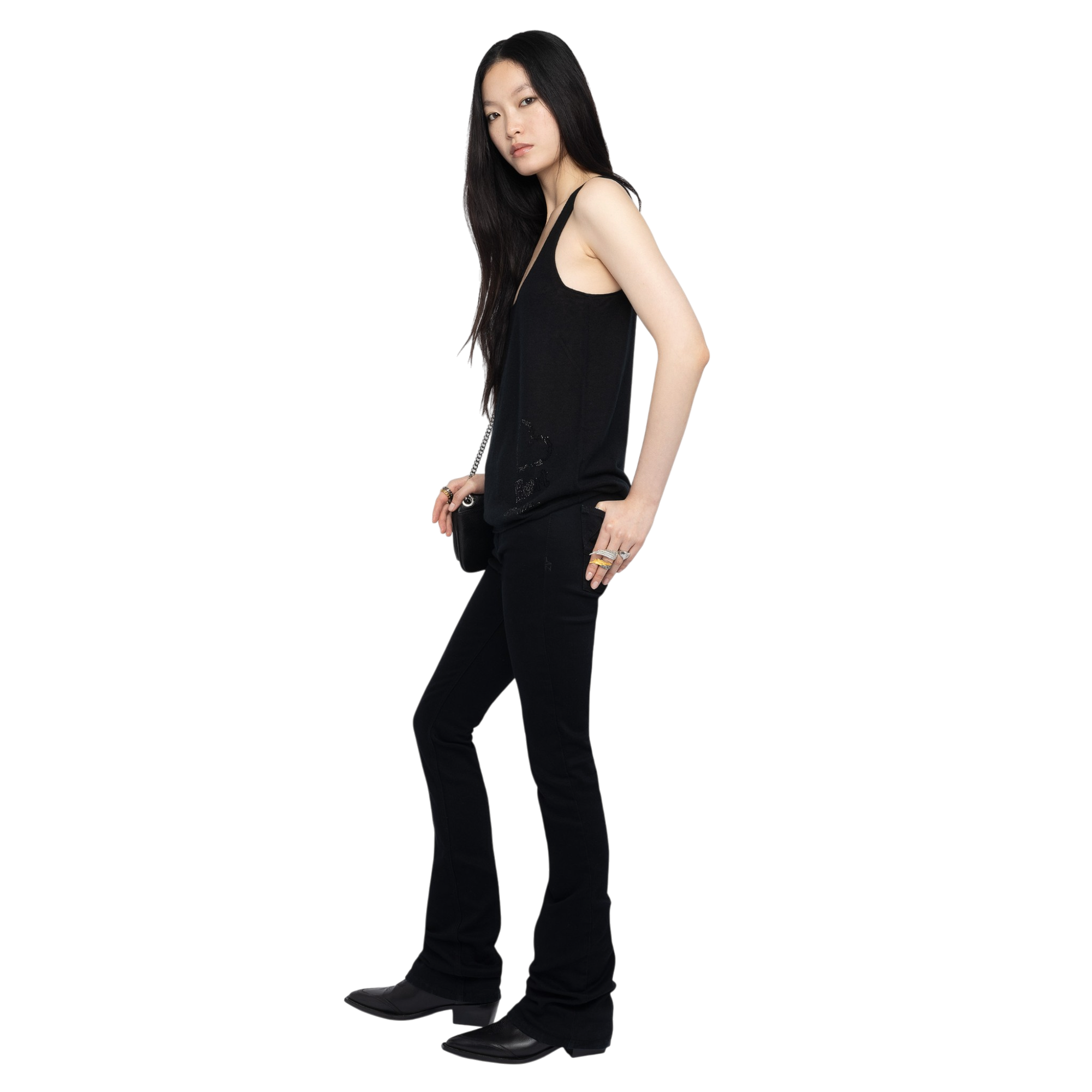 Lee Rhinestone Wings Cashmere Tank Top - Black
