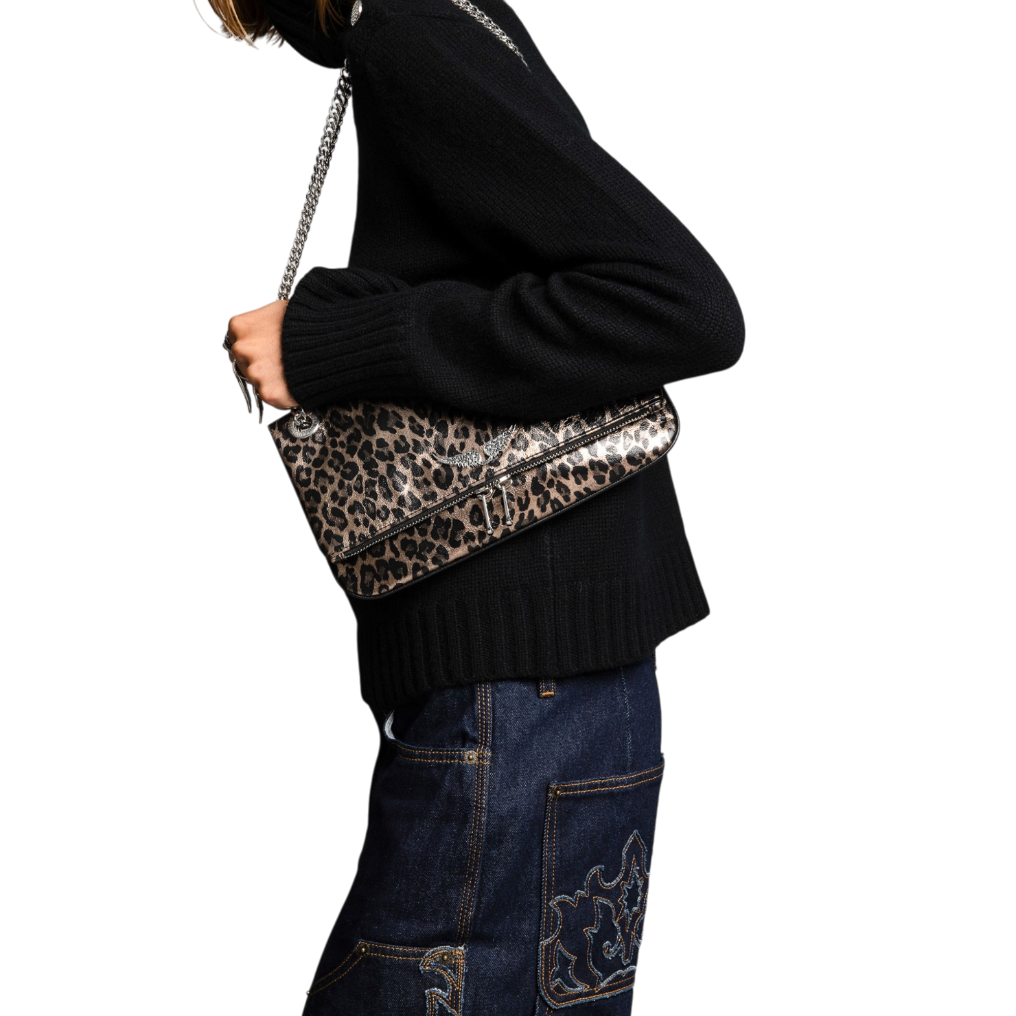 Rock II Metal Leopard Leather Clutch - Silver