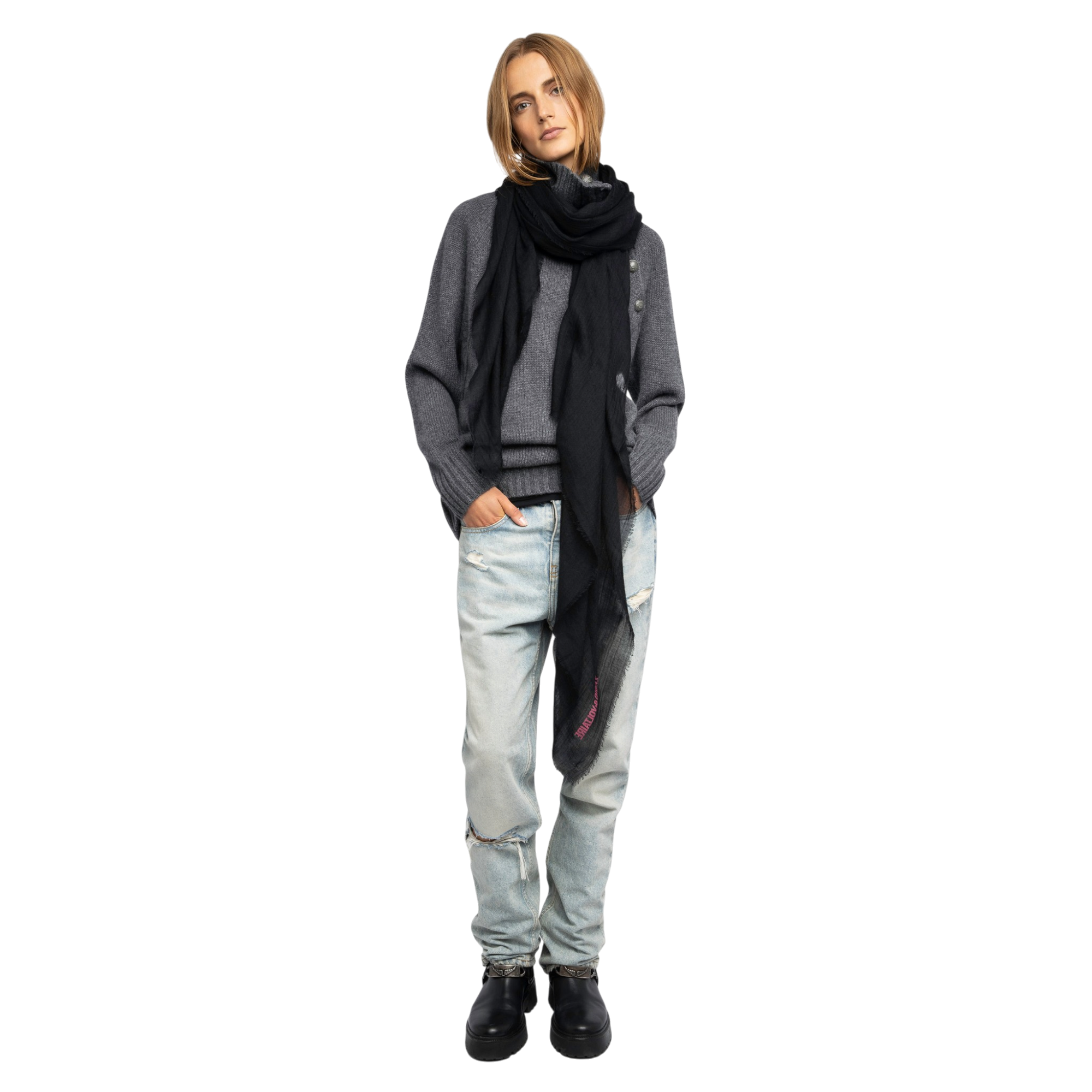 Nuage Cashmere-Wool Logo Scarf - Black