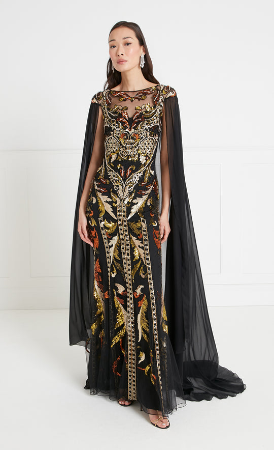 Novella Embelished Cape Gown Black