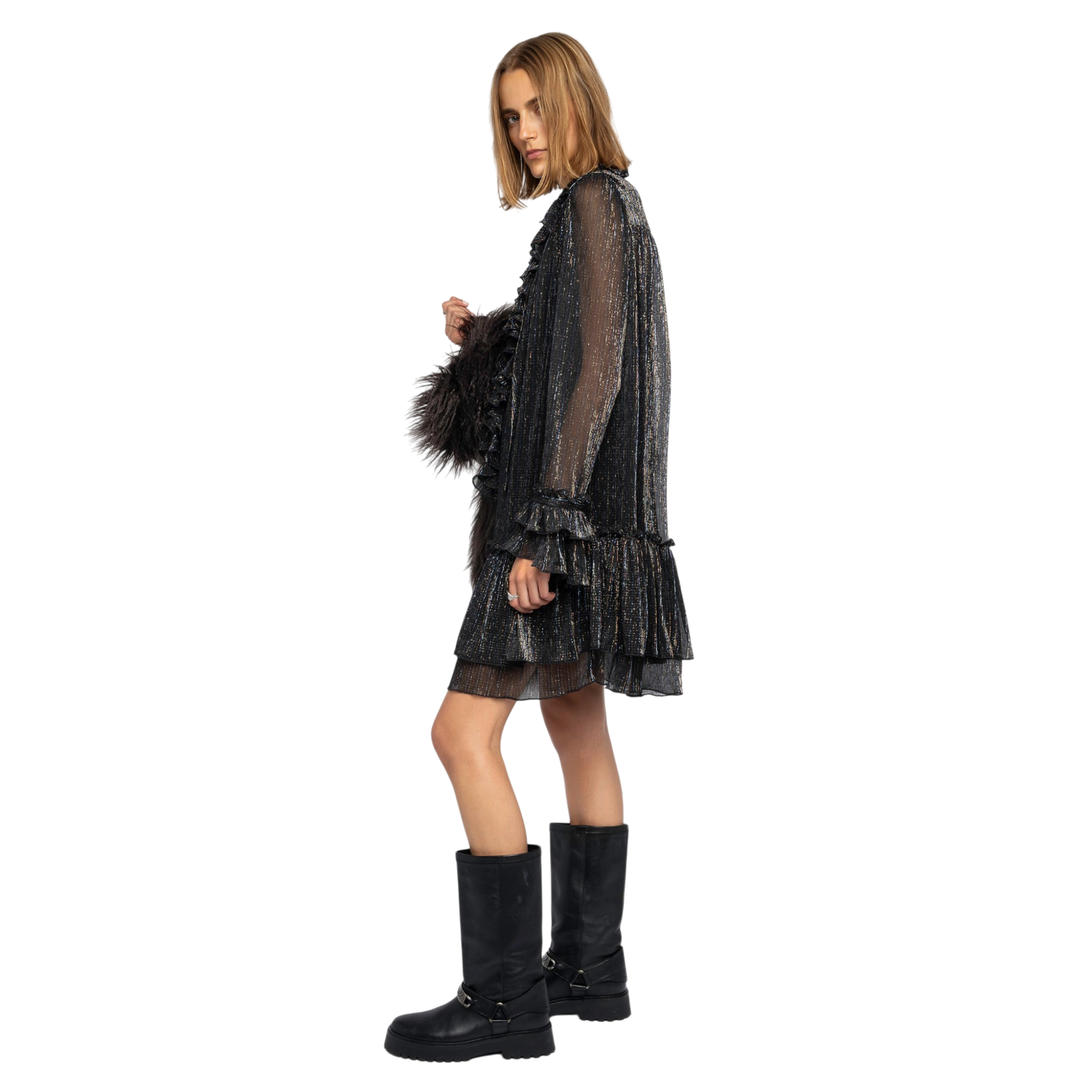 Ralice Shimmer Ruffle Mini Dress - Black