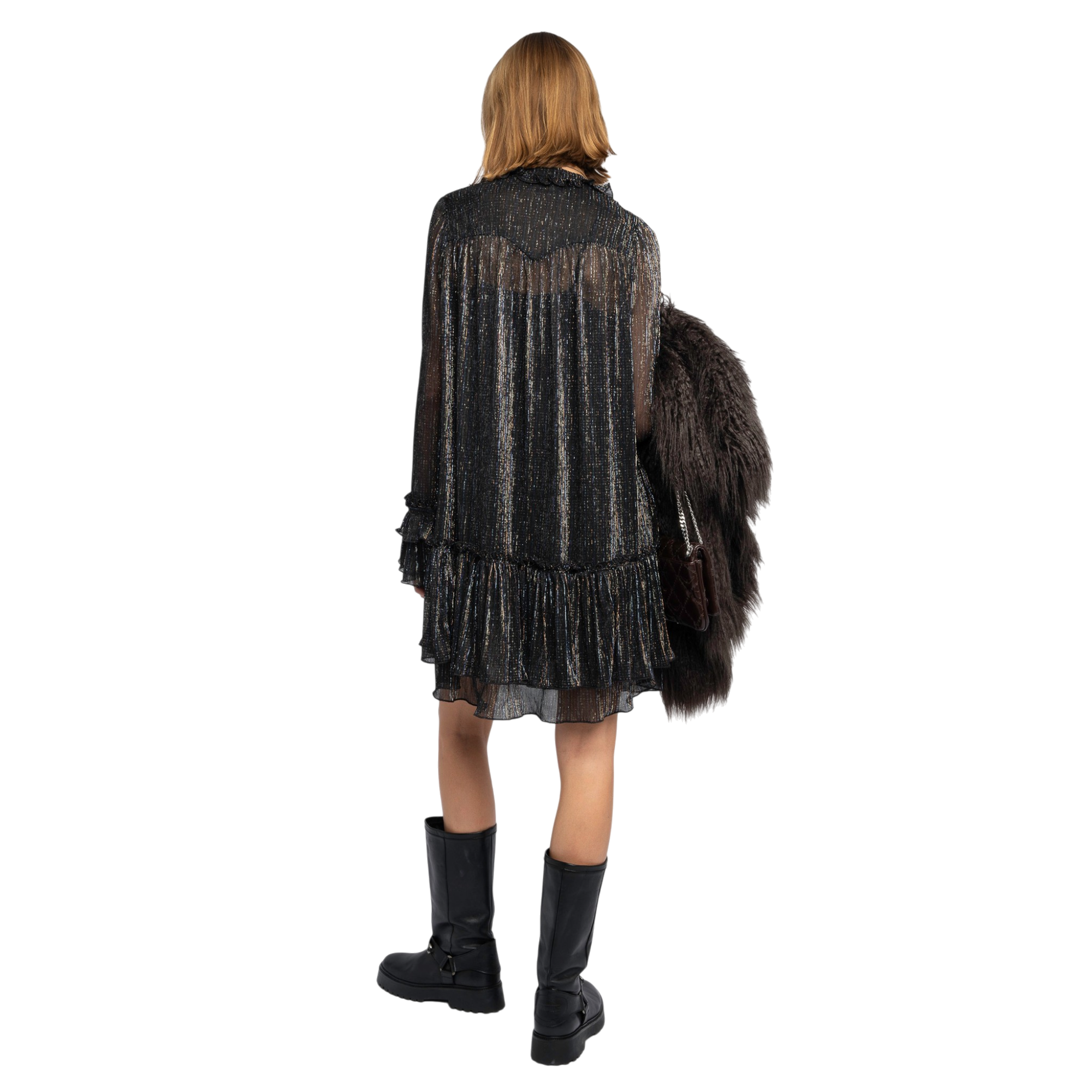 Ralice Shimmer Ruffle Mini Dress - Black