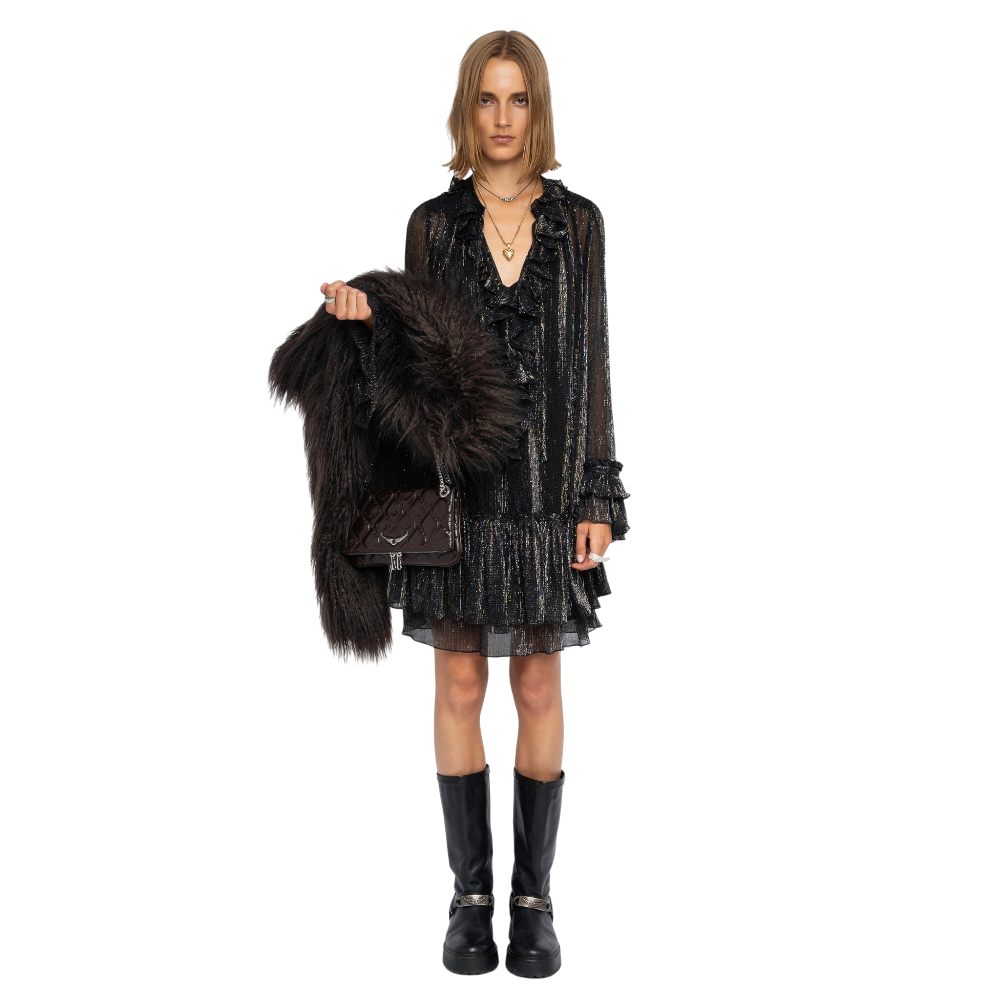 Ralice Shimmer Ruffle Mini Dress - Black