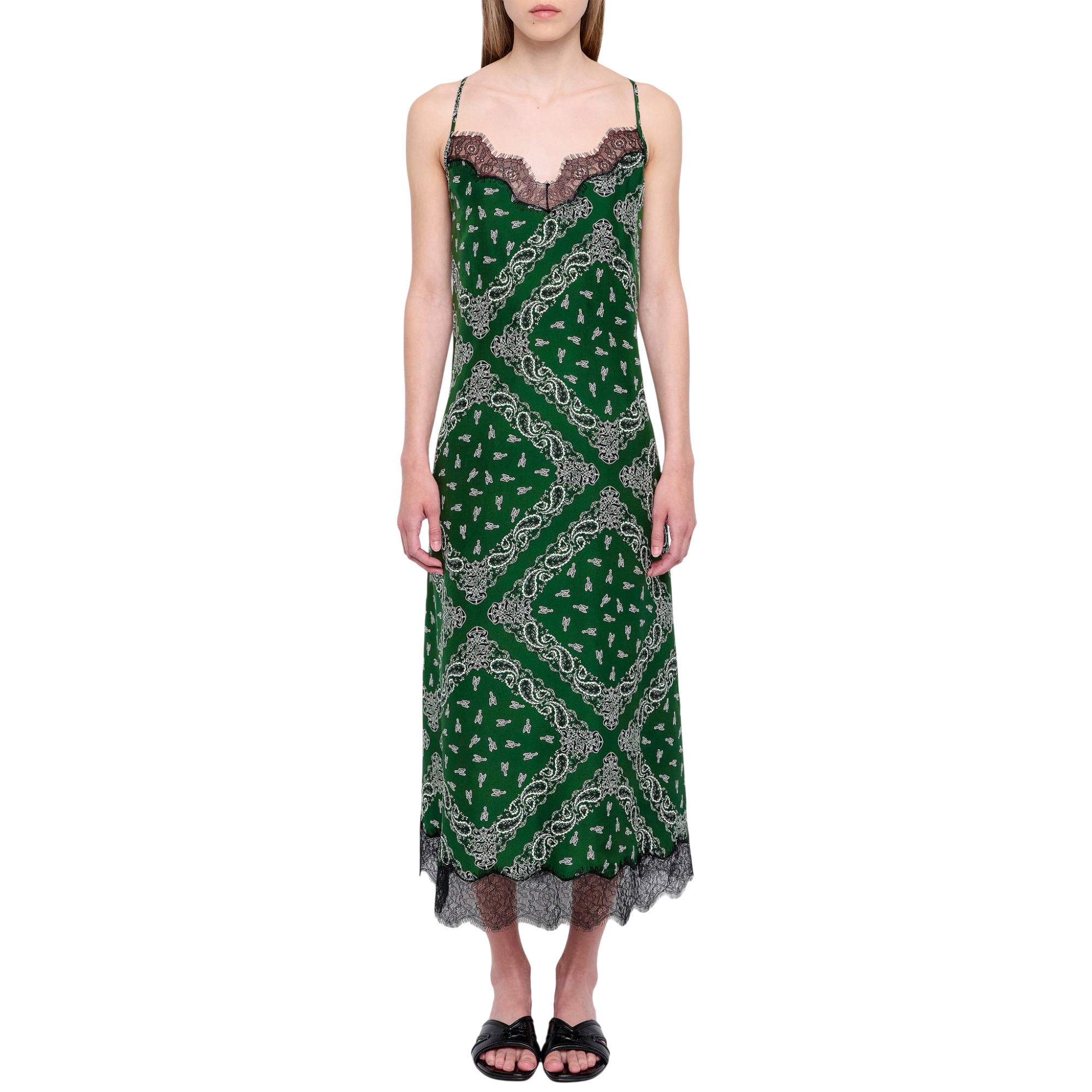 Respa Silk Bandana Lace Slip Dress - Meadow Green