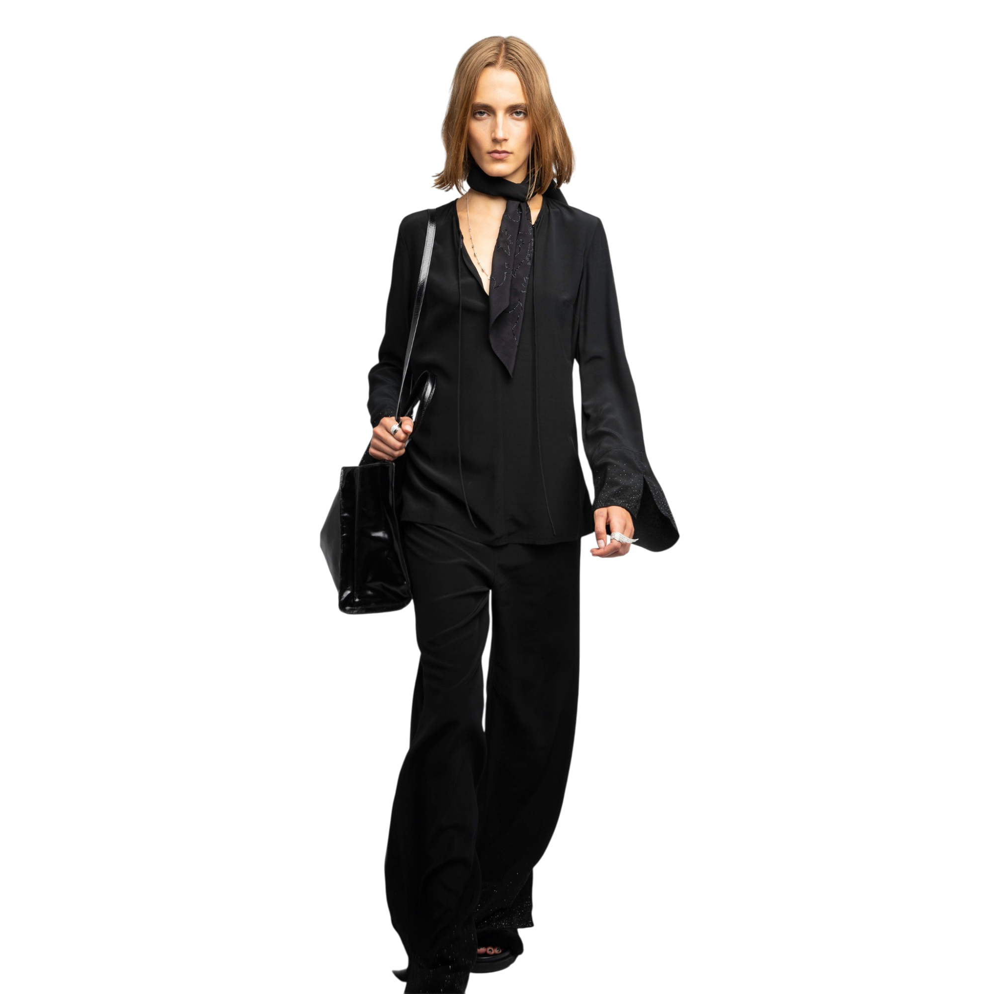Turi Strass Fluid V-Neck Viscose Blouse - Black