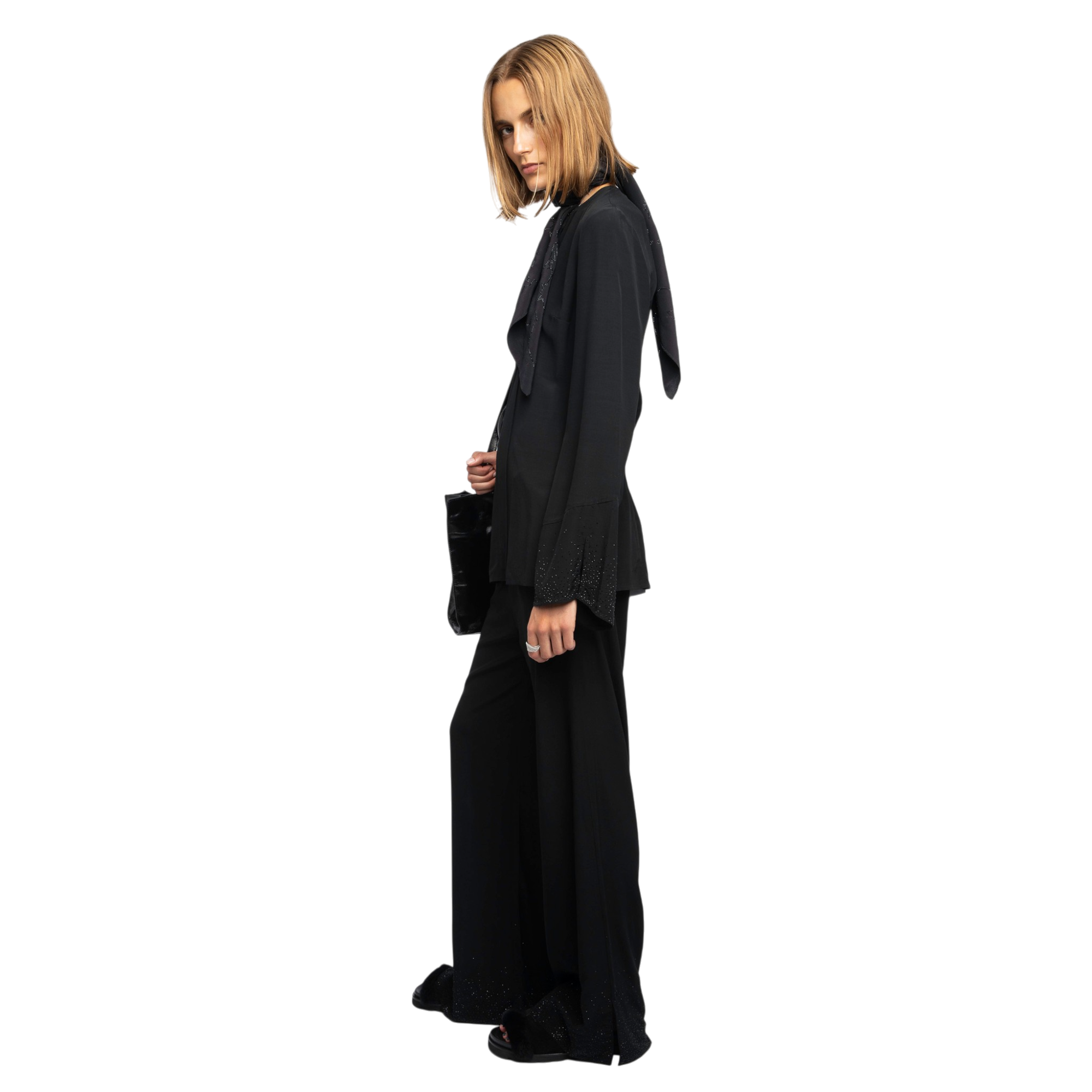 Turi Strass Fluid V-Neck Viscose Blouse - Black