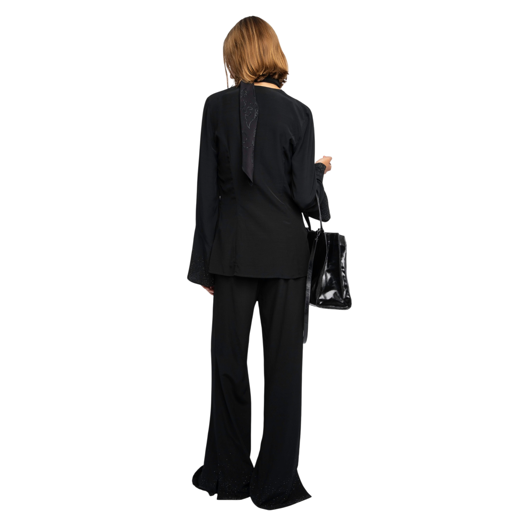 Turi Strass Fluid V-Neck Viscose Blouse - Black
