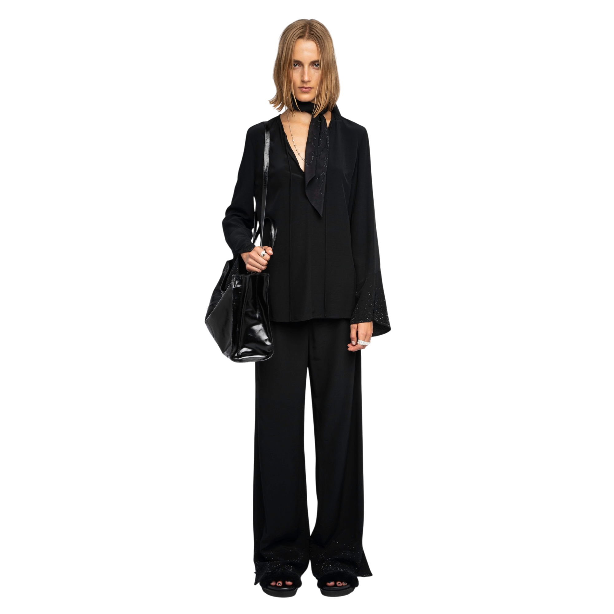 Turi Strass Fluid V-Neck Viscose Blouse - Black