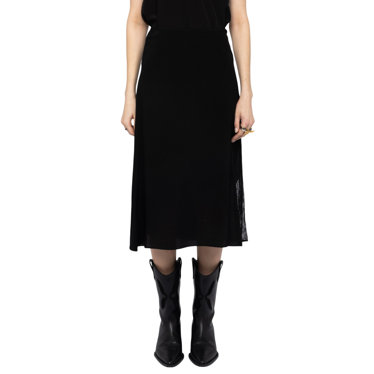 Jayla Soft Lace-Detail Midi Skirt - Black