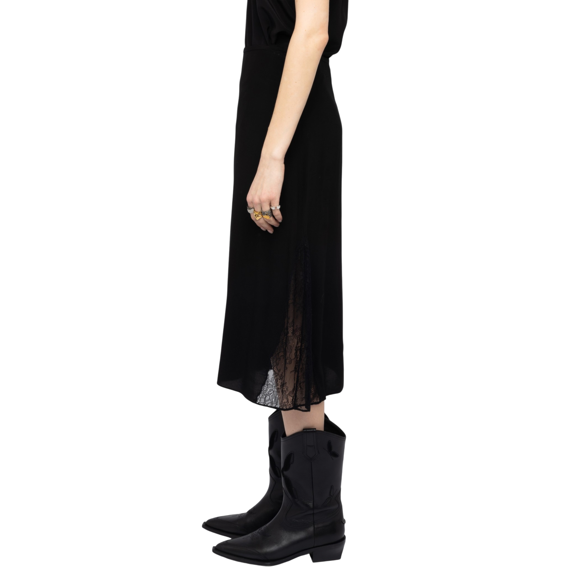 Jayla Soft Lace-Detail Midi Skirt - Black