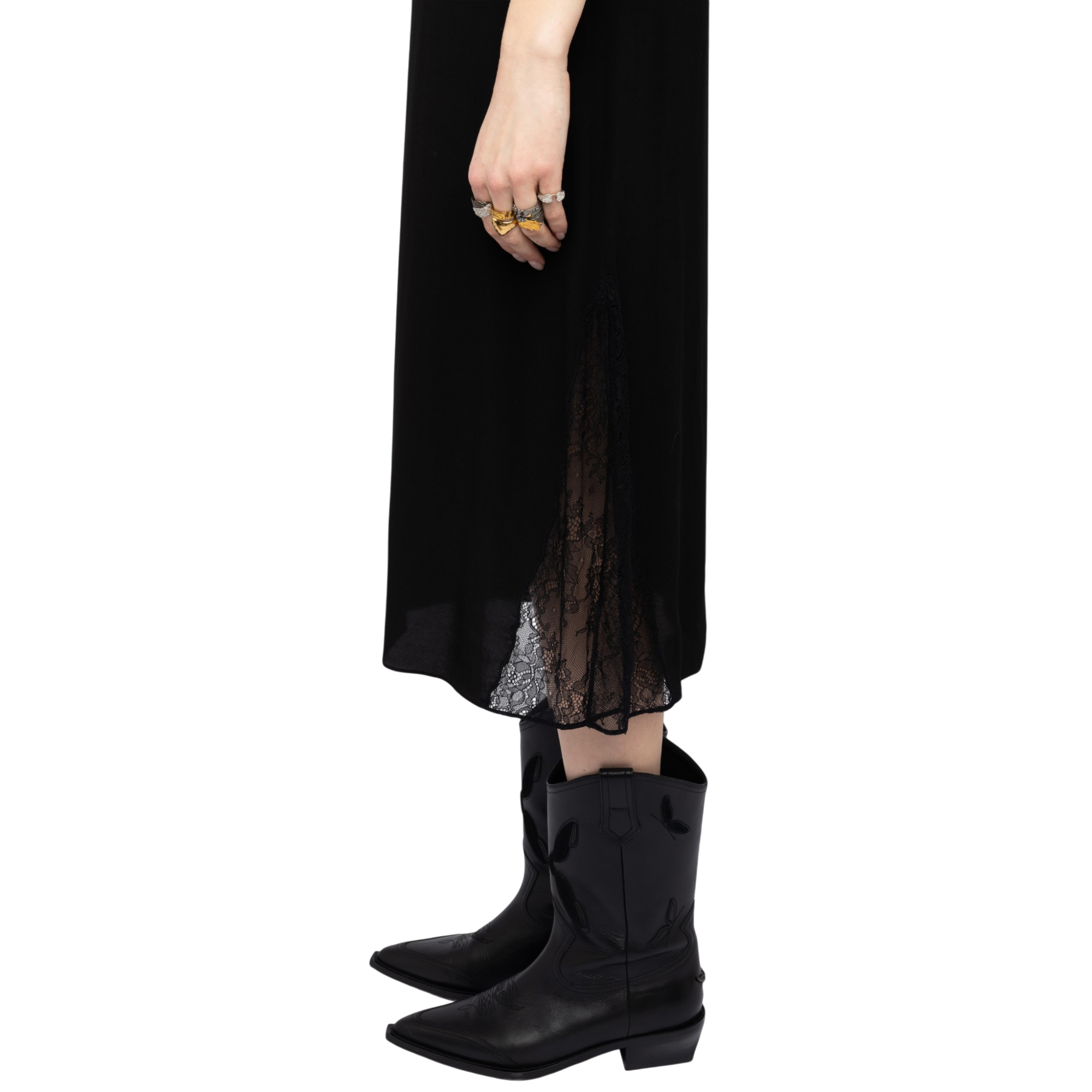 Jayla Soft Lace-Detail Midi Skirt - Black