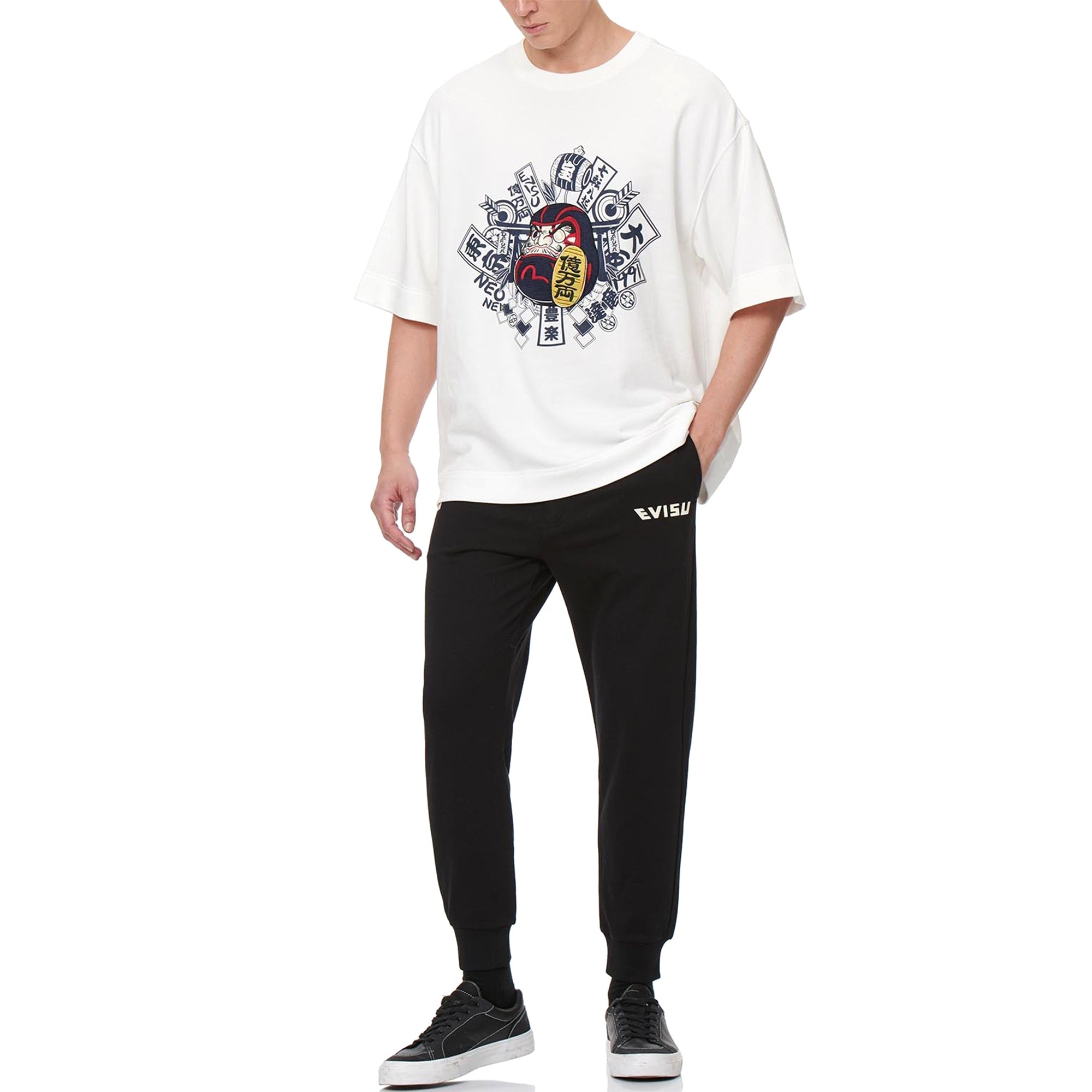 Evisu Black Daruma Komainu Printed Daicock Sweatpants