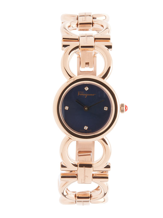 Ferragamo Ferragamo Women's Double Gancini Round Watch Blue/Rose Gold