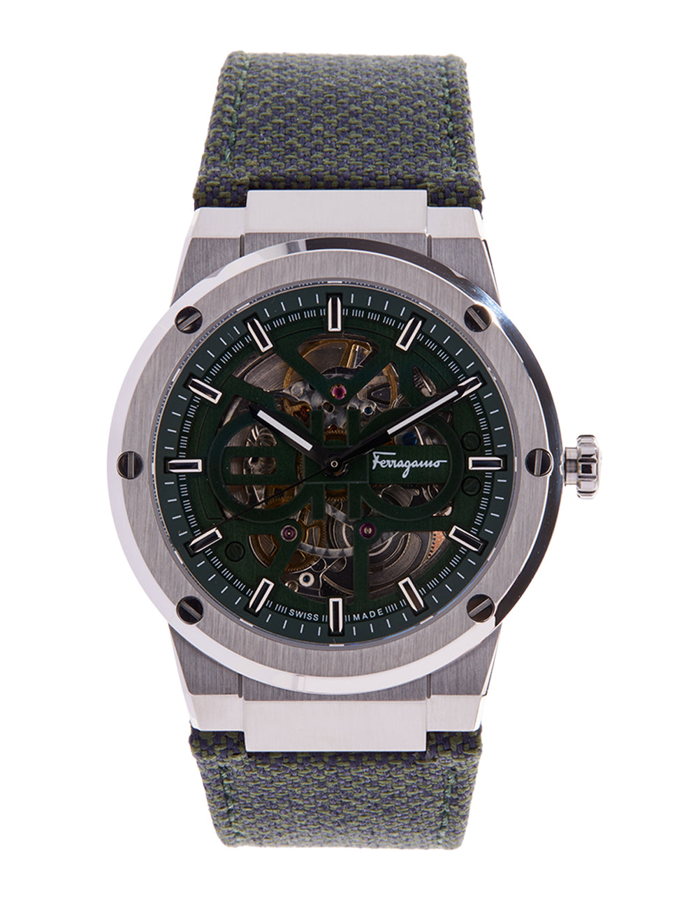 Ferragamo Men's F80 Skeleton Watch Green/Silver 40mm SFCX00722