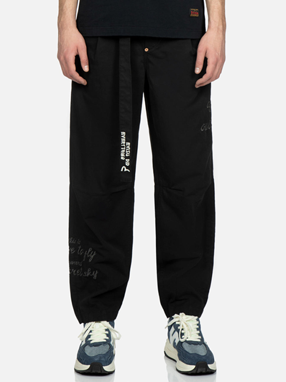 Evisu Black Tone On Tone Slogan & Kamon Embroidery Pants