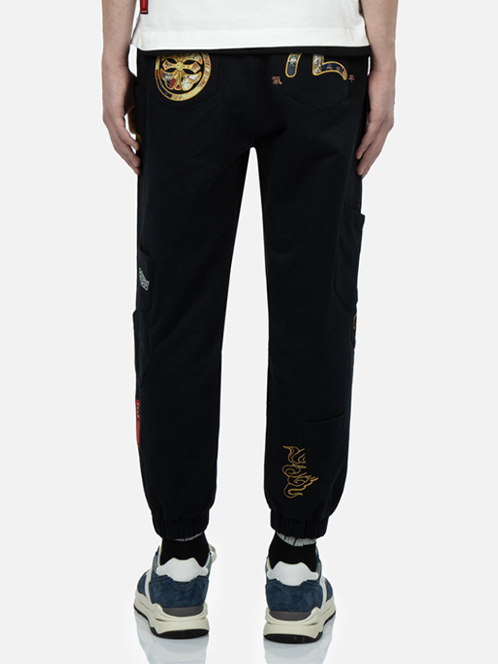 Evisu Black Brocade Seagull Applique & Multi-Pocket Sweatpants