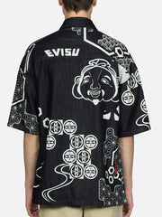 Evisu Navy AOP Seagull Embroidery & Kamon Decorative Print Shirt