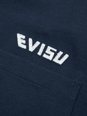 Evisu NAVY Embroidery & Brocade Kamon Applique Pocket Tee