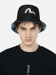 Evisu Black Seagull Embroidery with Kamon Eagle Allover Denim Bucket Hat