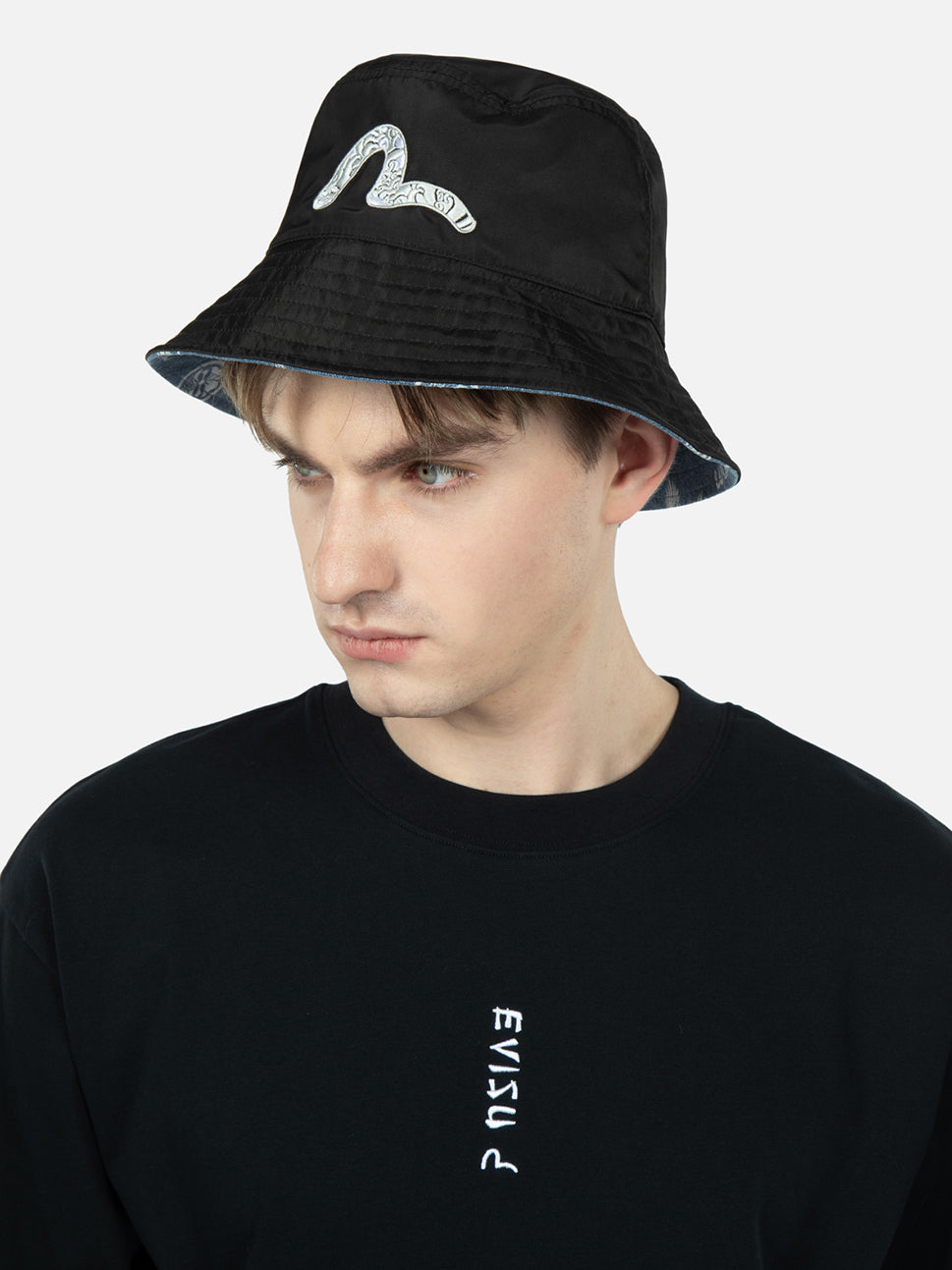 Evisu Black Seagull Embroidery with Kamon Eagle Allover Denim Bucket Hat