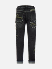 Evisu Dark Black Seagull Printed & Allover Embroidery Multi-Pocket Jeans