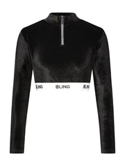 Bling Velour Long Sleeve Crop Top Black BLWM K01