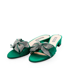 SJP Sarita Emerald Green Satin Sandals 30mm - InstaRunway.com