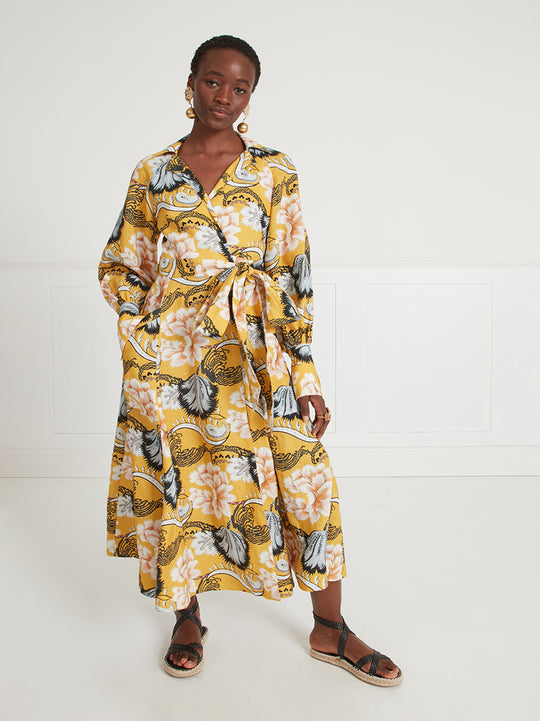 Temperley London Olive Print Wrap Dress Golden Yellow