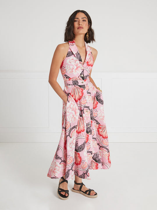 Temperley London Olive Print Halter Dress Indian Pink