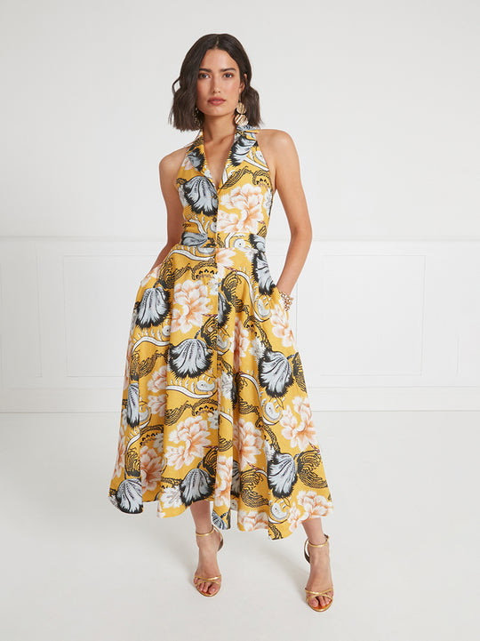 Temperley London Olive Print Halter Dress Golden Yellow