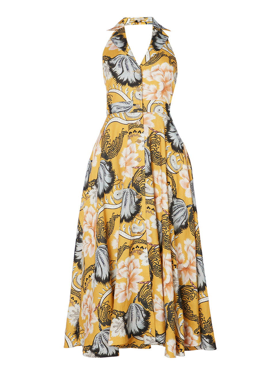 Temperley London Olive Print Halter Dress Golden Yellow 23UOLV54452
