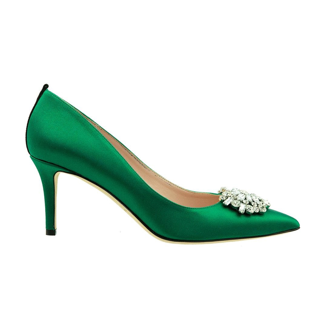 Fatima Emerald Green Satin Pumps 70mm - InstaRunway.com